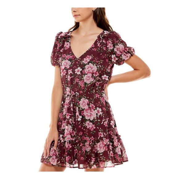 CRYSTAL DOLLS Womens Tie Pouf Sleeve V Neck Short Party Fit + Flare Dress - Picture 3 of 4